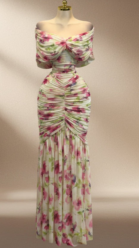 Bouquet of Flowers Off Shoulder Maxi Dress- Pink