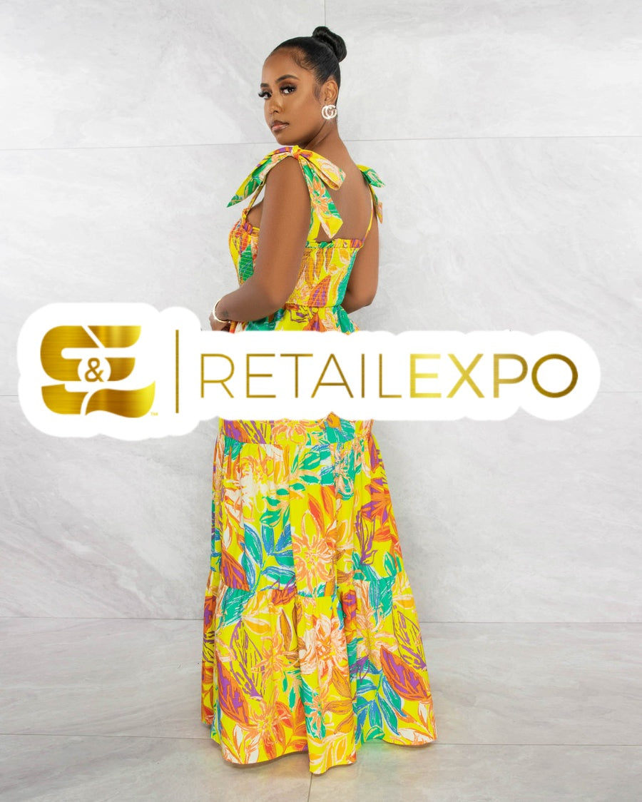 Vestido Longo Floral com Franzido e Babados