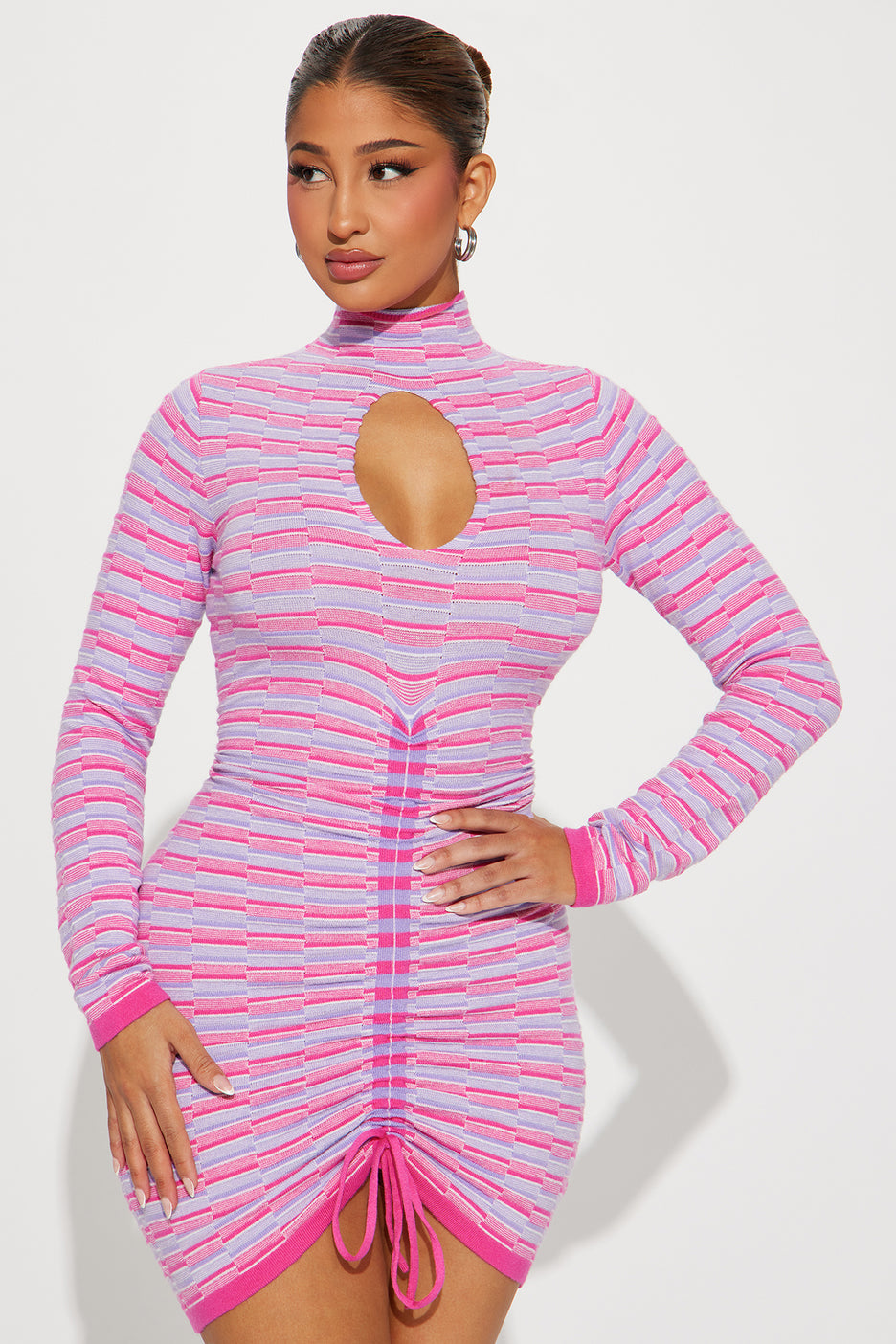 Pink Ruched Drawstring Mini Dress