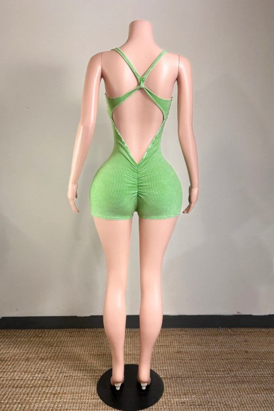 Open Back Ribbed Solid Romper- Green