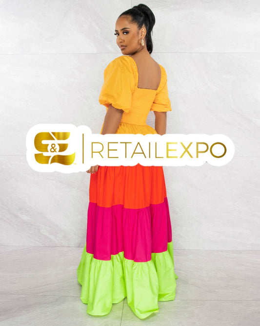 Orange Magenta Green Color Block Ruffled Tiered Maxi Dress