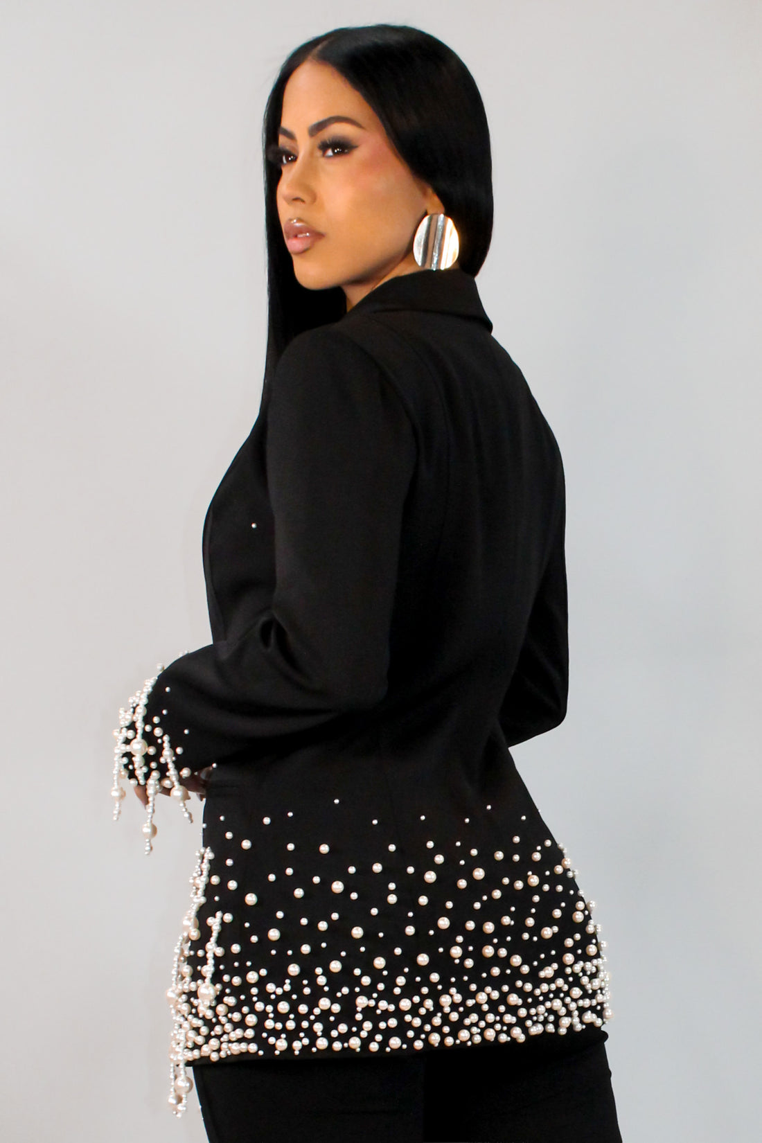 Pearl Embellished Blazer- Black