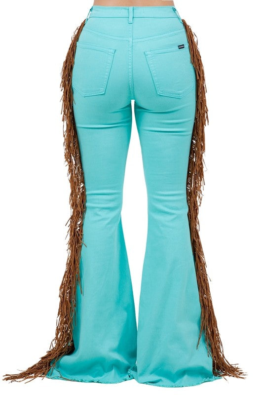 Calça Jeans com Franja Texas Sun Turquesa - Inseam 34
