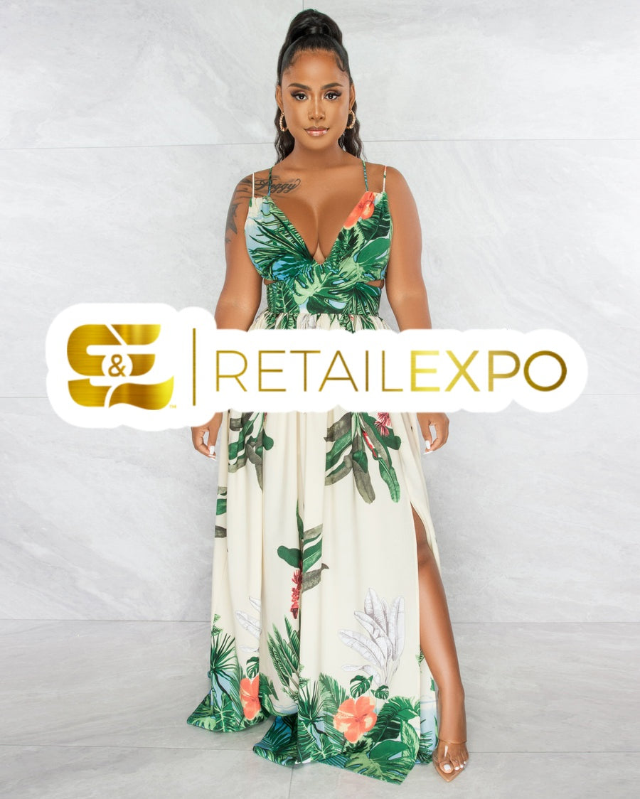 Vestido Longo Recorte Estampa Folha Verde Off-White