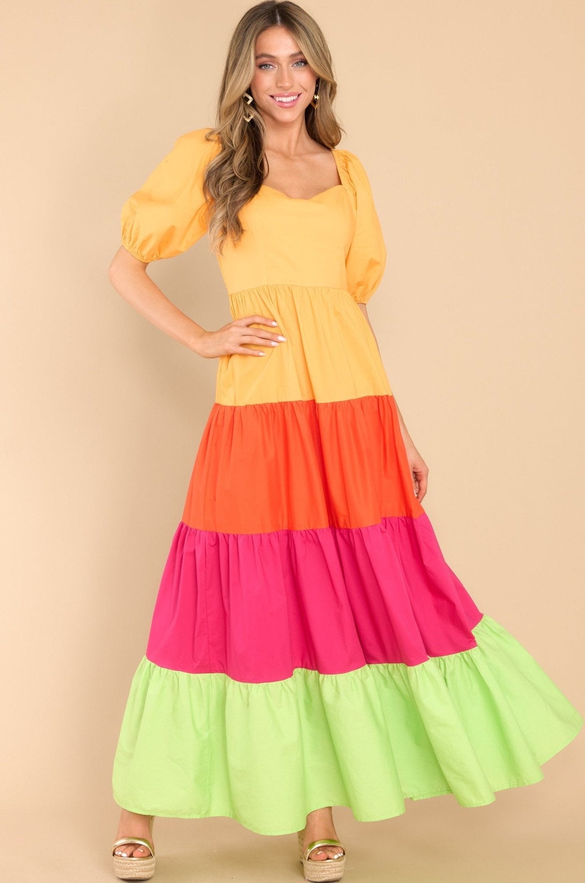 Orange Magenta Green Color Block Ruffled Tiered Maxi Dress
