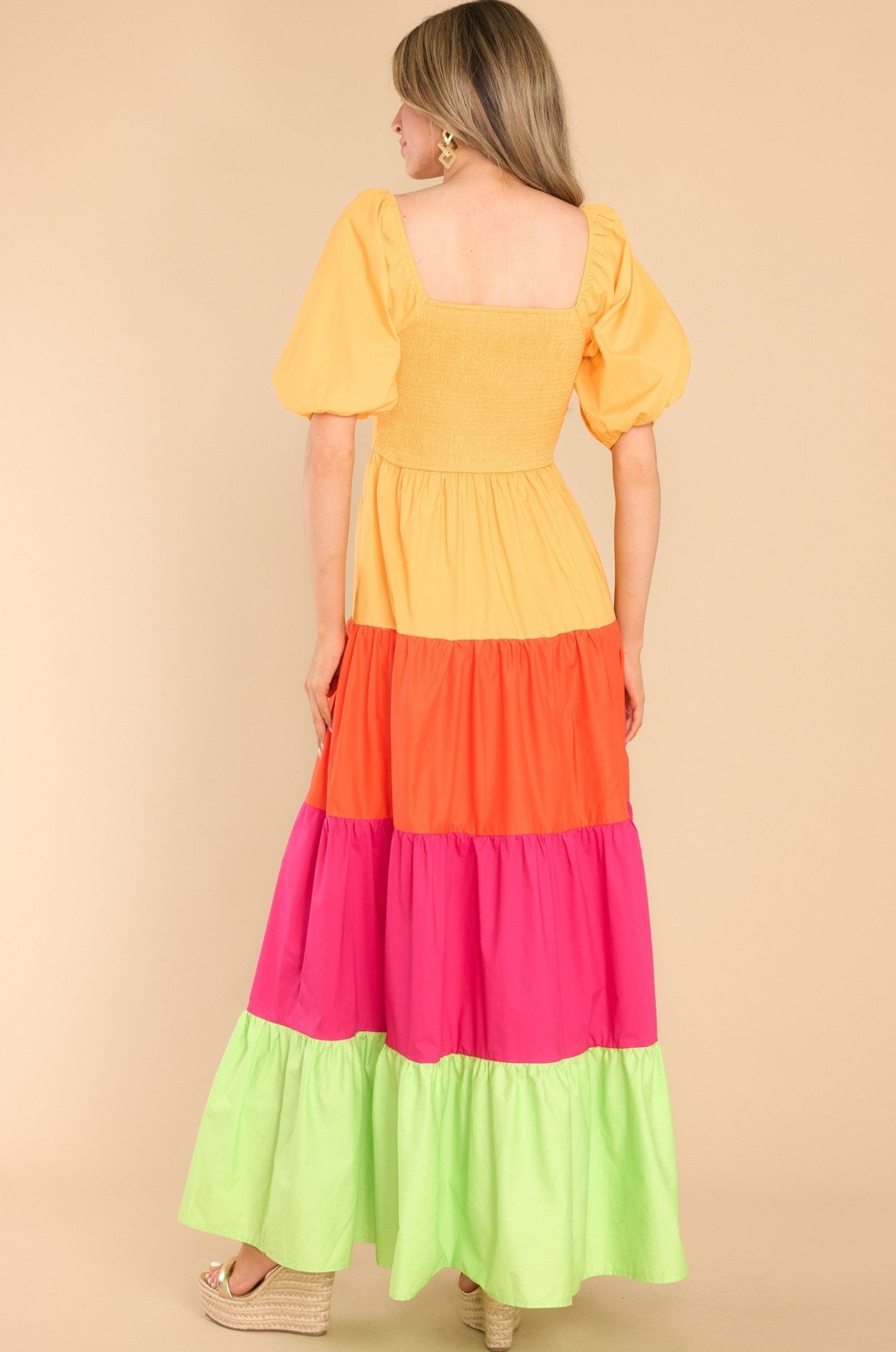 Orange Magenta Green Color Block Ruffled Tiered Maxi Dress