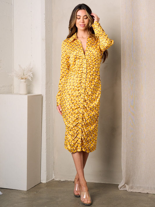 Women's Long Sleeve Button Up Front Ruched Midi Dress- Yellow/Multi