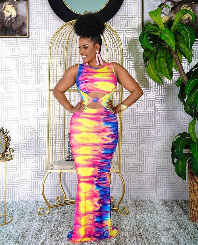 Vestido Longo Justo Multi-Rosa Tie Dye com Nó Frontal