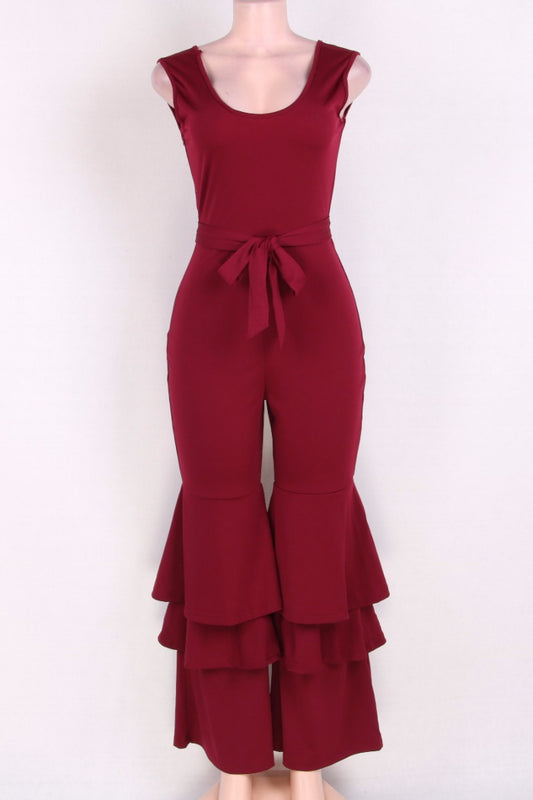 red ruffled bottom jumpsuit