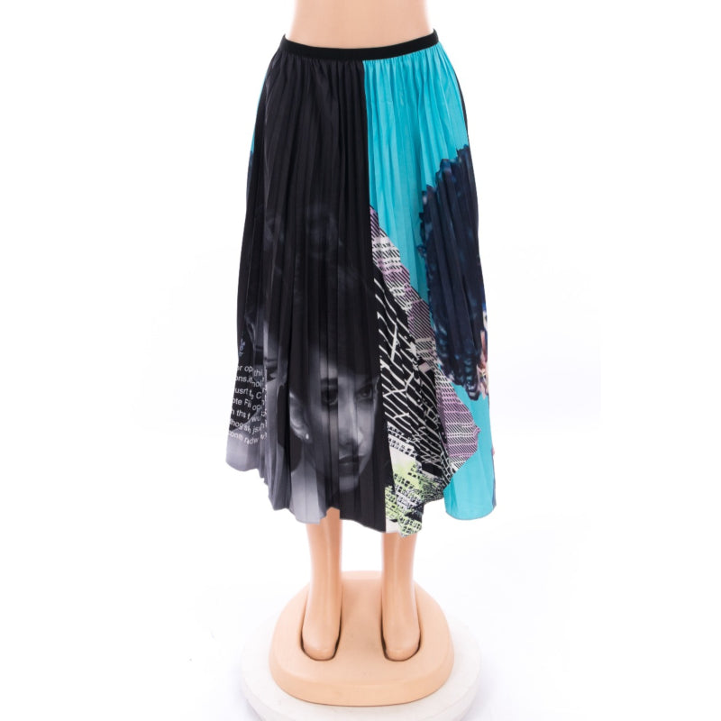 black woman face print pleated skirt