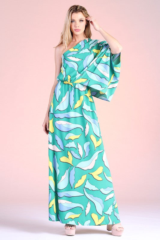 Vestido Longo Ombro Único Estampa Folha Desenho Animado