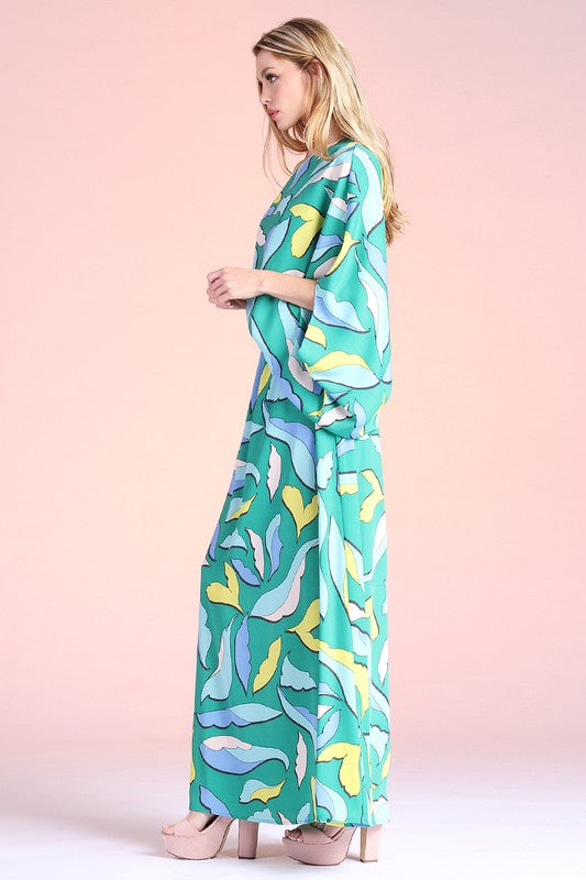 Vestido Longo Ombro Único Estampa Folha Desenho Animado