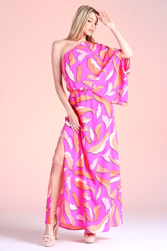 Vestido Longo Ombro Único Estampa Folha Desenho Animado
