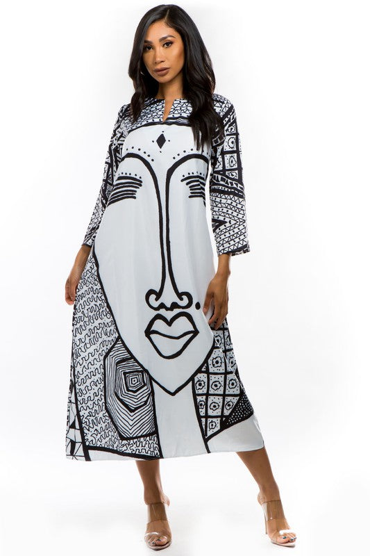 Vestido Camisão Longo Estampa Facial