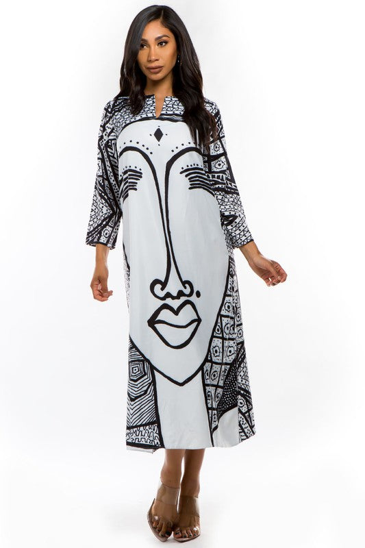 Vestido Camisão Longo Estampa Facial