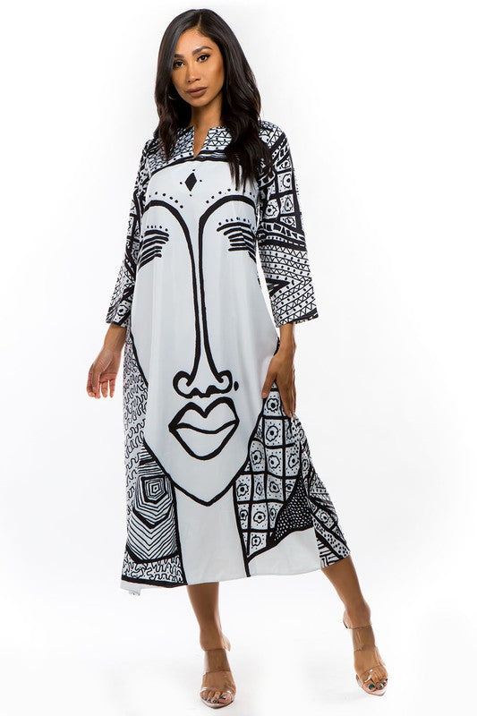 Vestido Camisão Longo Estampa Facial