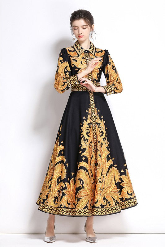 Vestido Longo com Gola Preto e Dourado