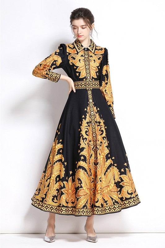 Vestido Longo com Gola Preto e Dourado