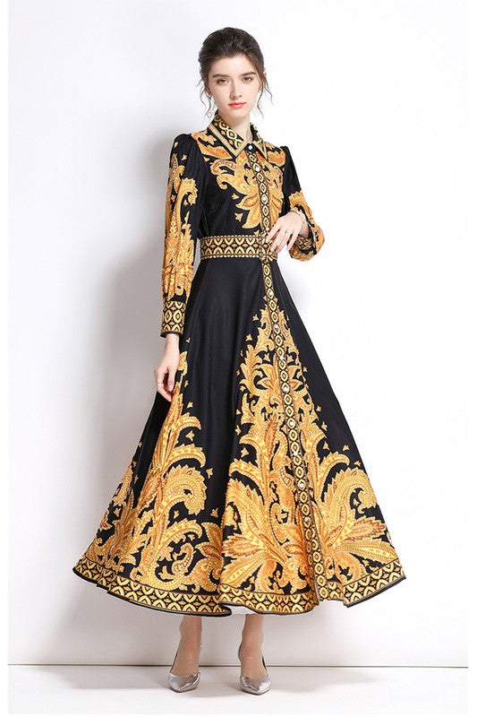 Vestido Longo com Gola Preto e Dourado