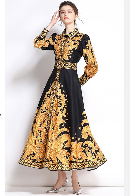 Vestido Longo com Gola Preto e Dourado