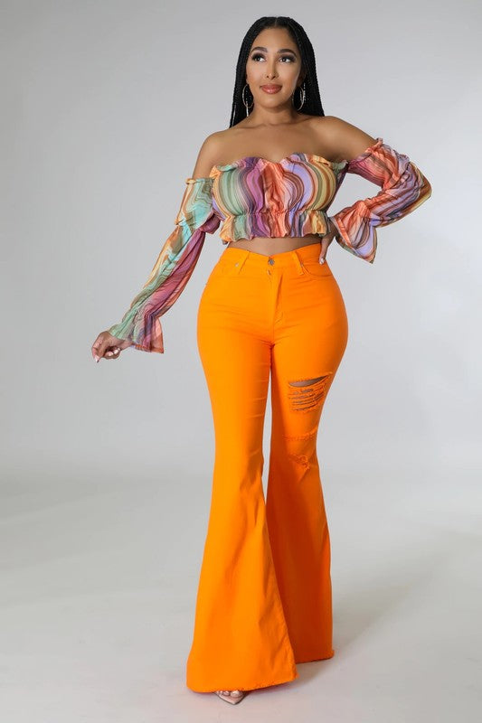 Orange Distressed Bell Bottom Jean
