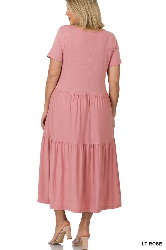 PLUS SIZE SHORT SLEEVE TIERED MIDI DRESS