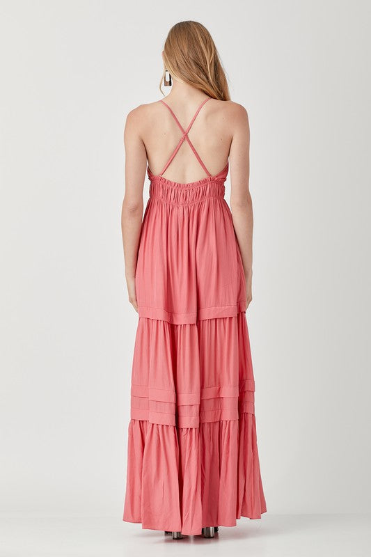 VESTIDO MAXI COM DETALHE FRANZIDO E DOBRADO COM BABADO SHIRRED
