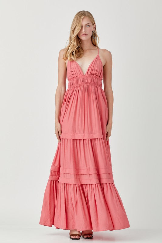 VESTIDO MAXI COM DETALHE FRANZIDO E DOBRADO COM BABADO SHIRRED
