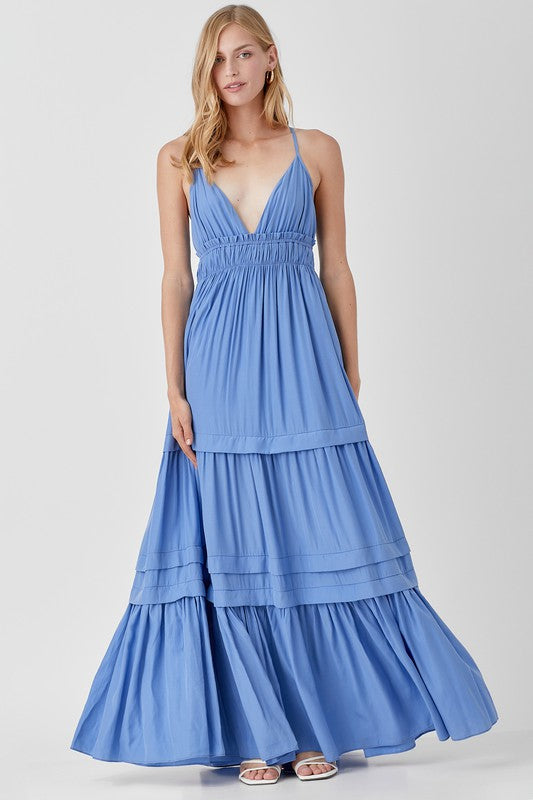 VESTIDO MAXI COM DETALHE FRANZIDO E DOBRADO COM BABADO SHIRRED
