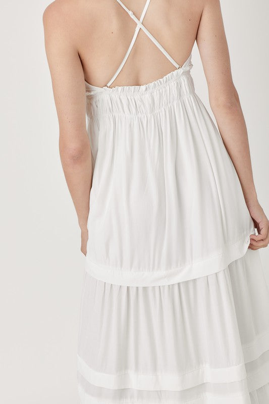 VESTIDO MAXI COM DETALHE FRANZIDO E DOBRADO COM BABADO SHIRRED