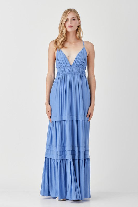 VESTIDO MAXI COM DETALHE FRANZIDO E DOBRADO COM BABADO SHIRRED
