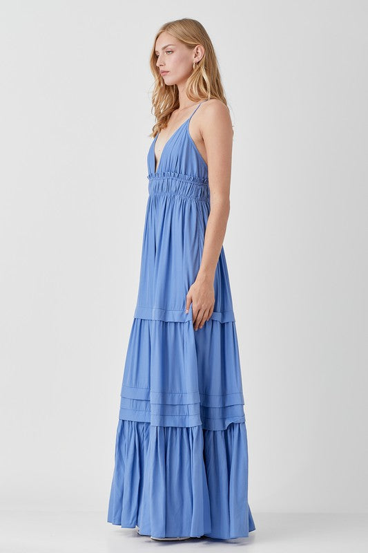 VESTIDO MAXI COM DETALHE FRANZIDO E DOBRADO COM BABADO SHIRRED