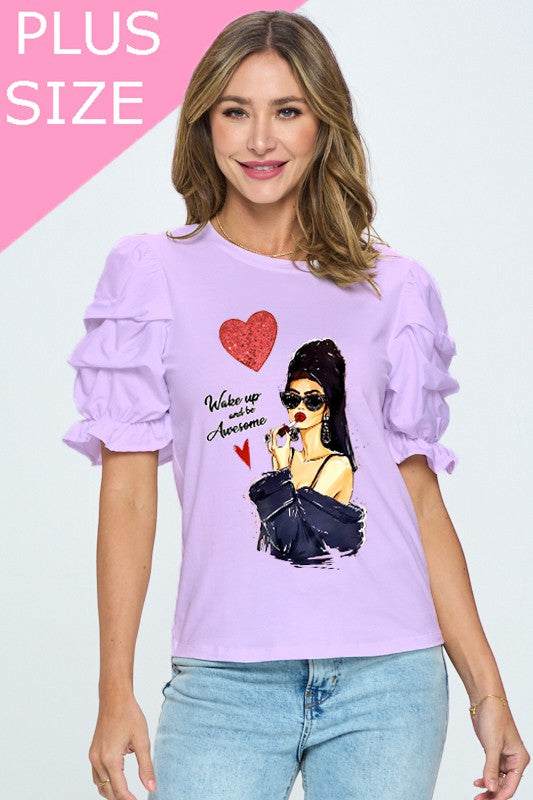 Plus Size "Wake Up and Be Awesome" Word Print Ruffle Detailed Sleeve Top