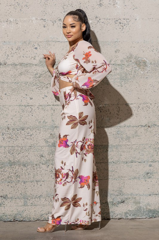 Creamy Floral Wide Leg & Cropped Long Sleeve Top Set