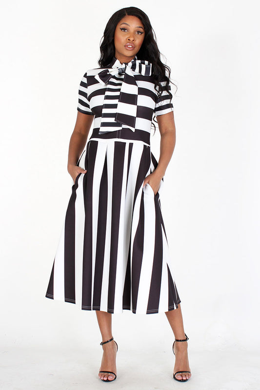 black & white striped bowtied neck flare dress