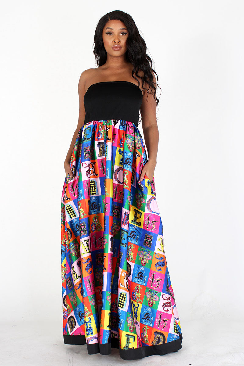 black & multicolor multiprint tube maxi dress