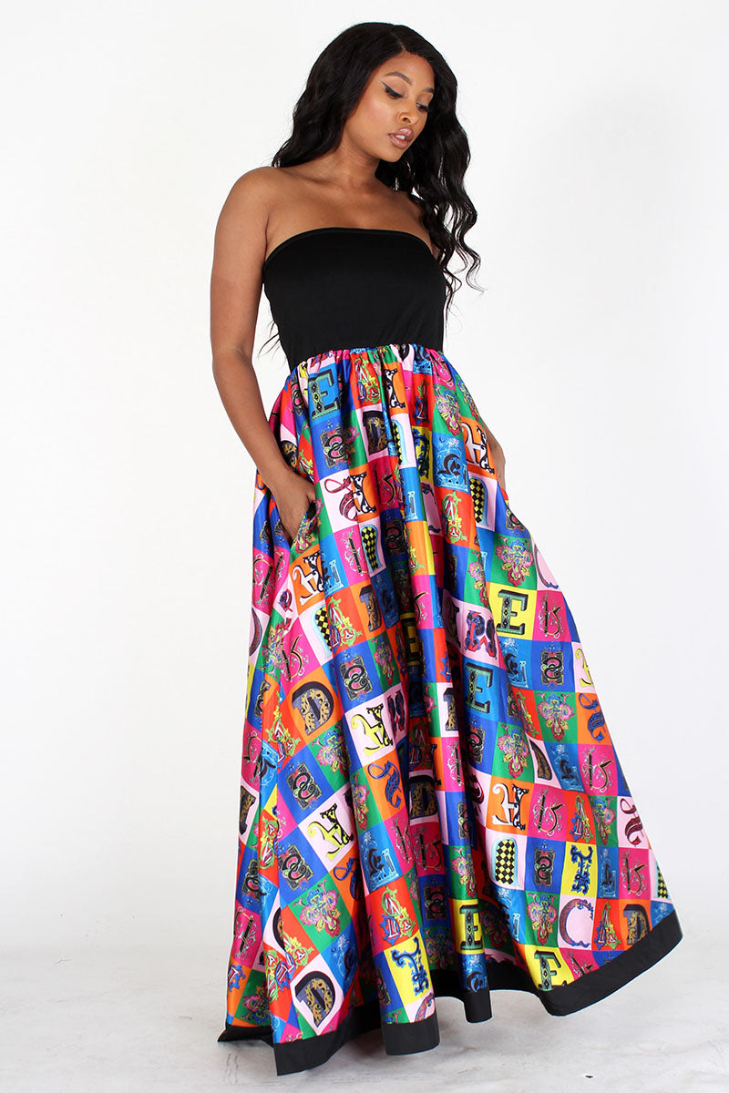 black & multicolor multiprint tube maxi dress