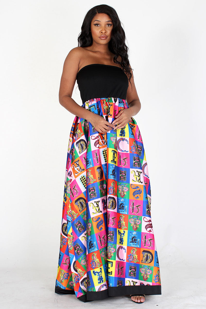 black & multicolor multiprint tube maxi dress