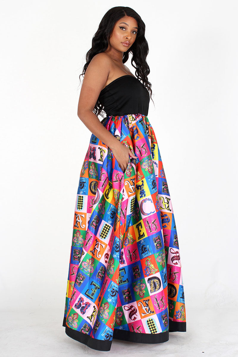 black & multicolor multiprint tube maxi dress