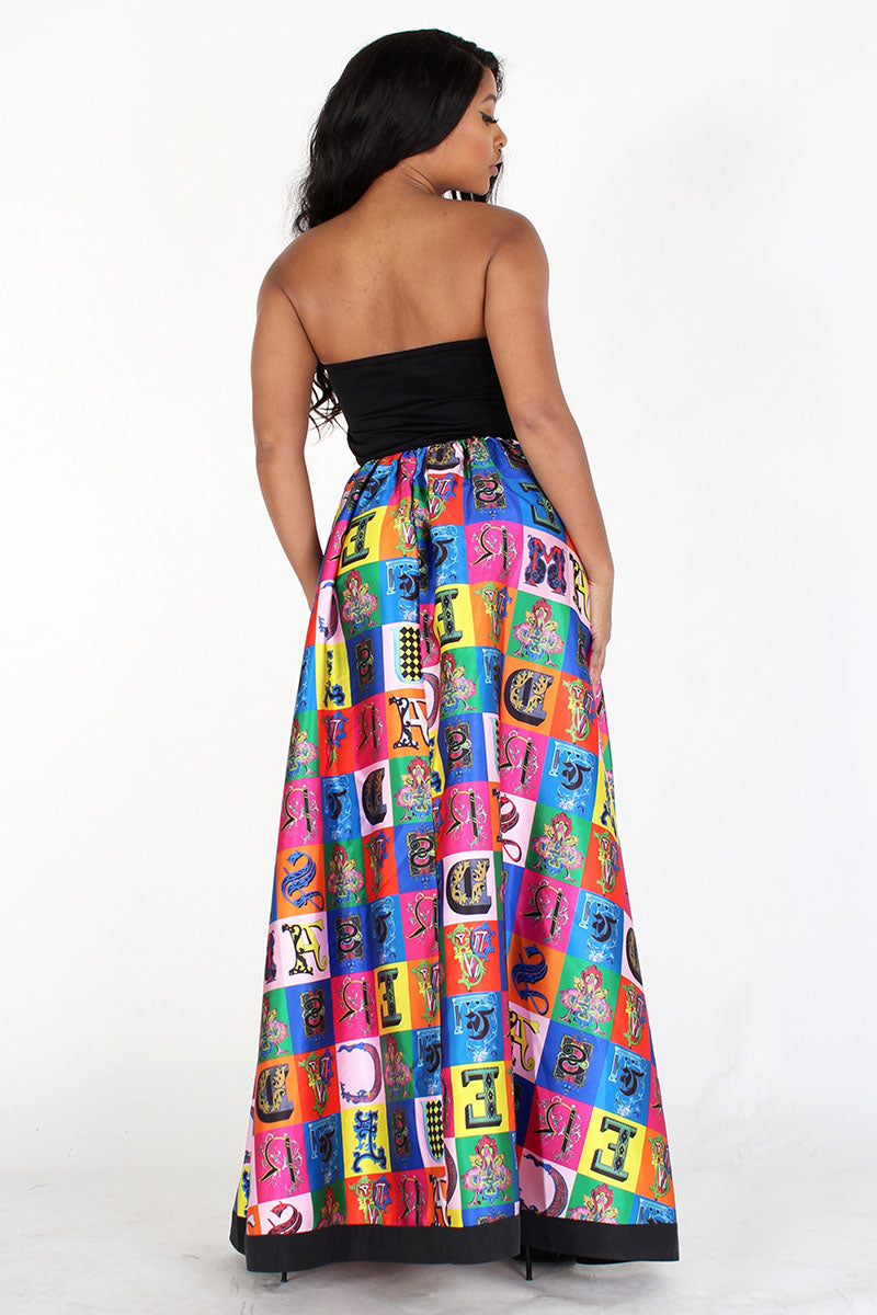 black & multicolor multiprint tube maxi dress