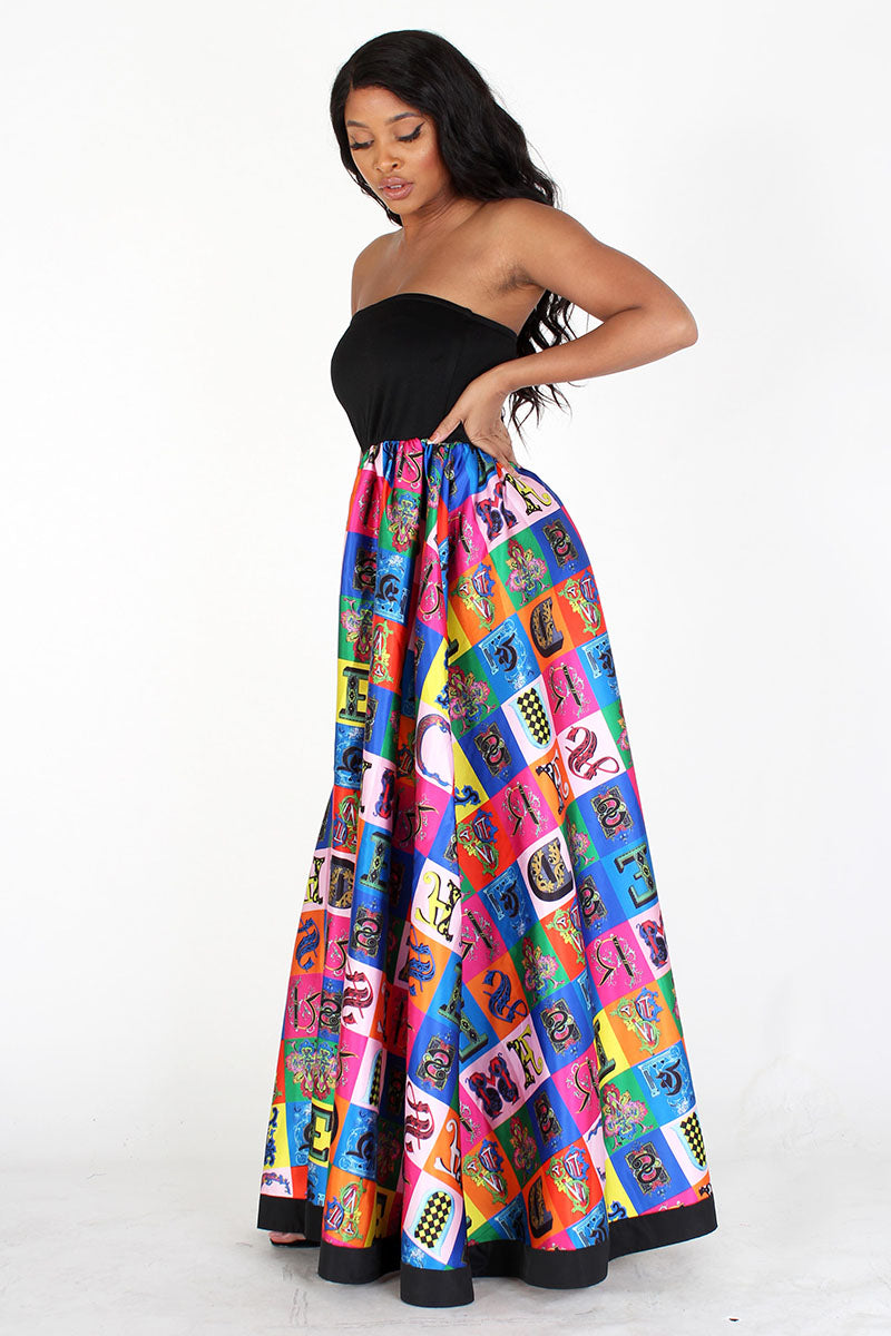 black & multicolor multiprint tube maxi dress