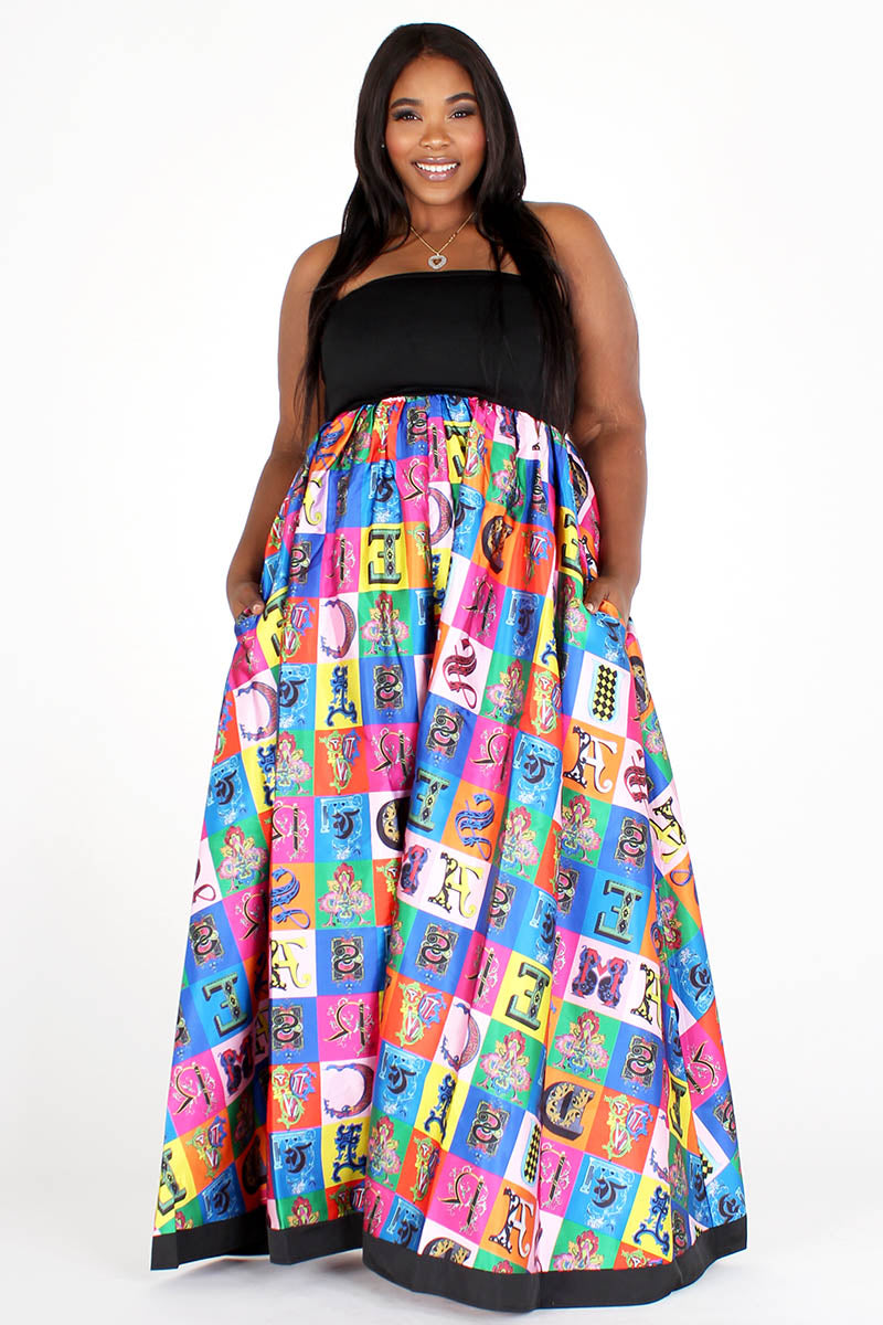 black & multicolor multiprint tube maxi dress