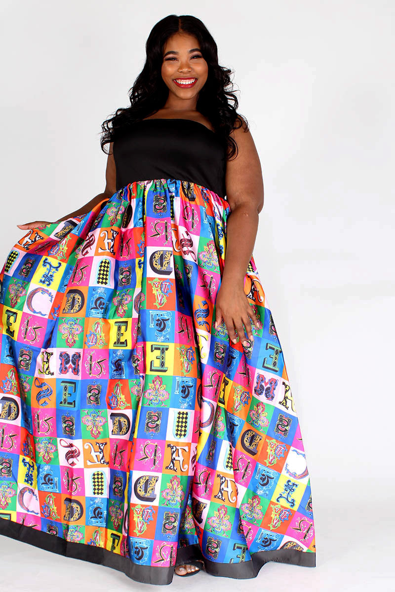 black & multicolor multiprint tube maxi dress