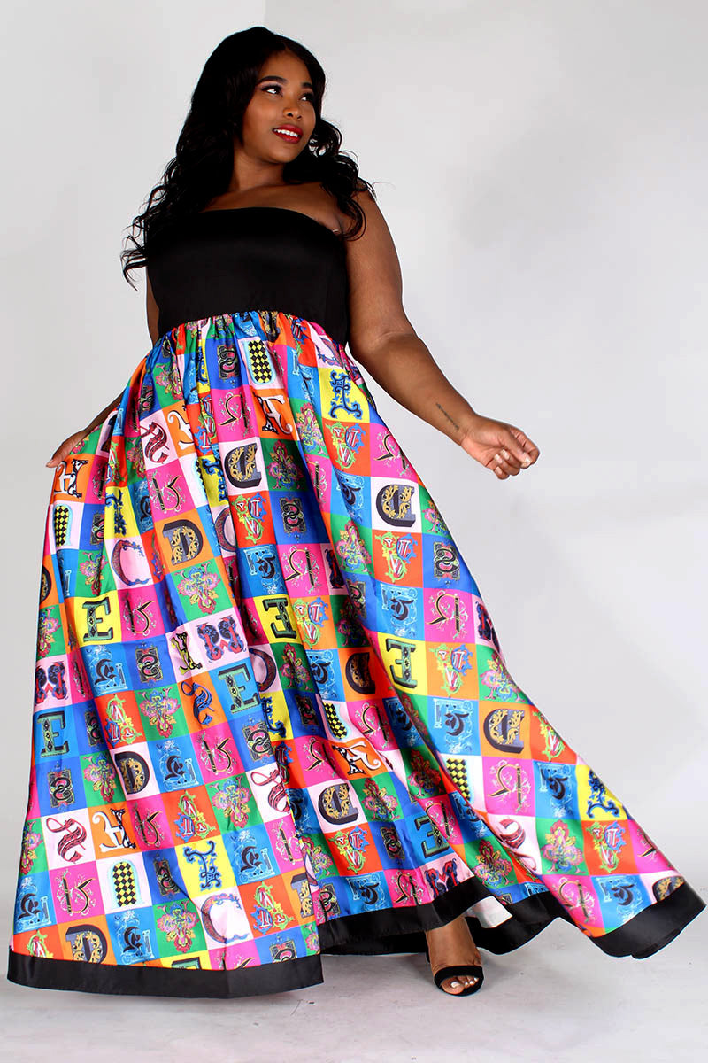 black & multicolor multiprint tube maxi dress