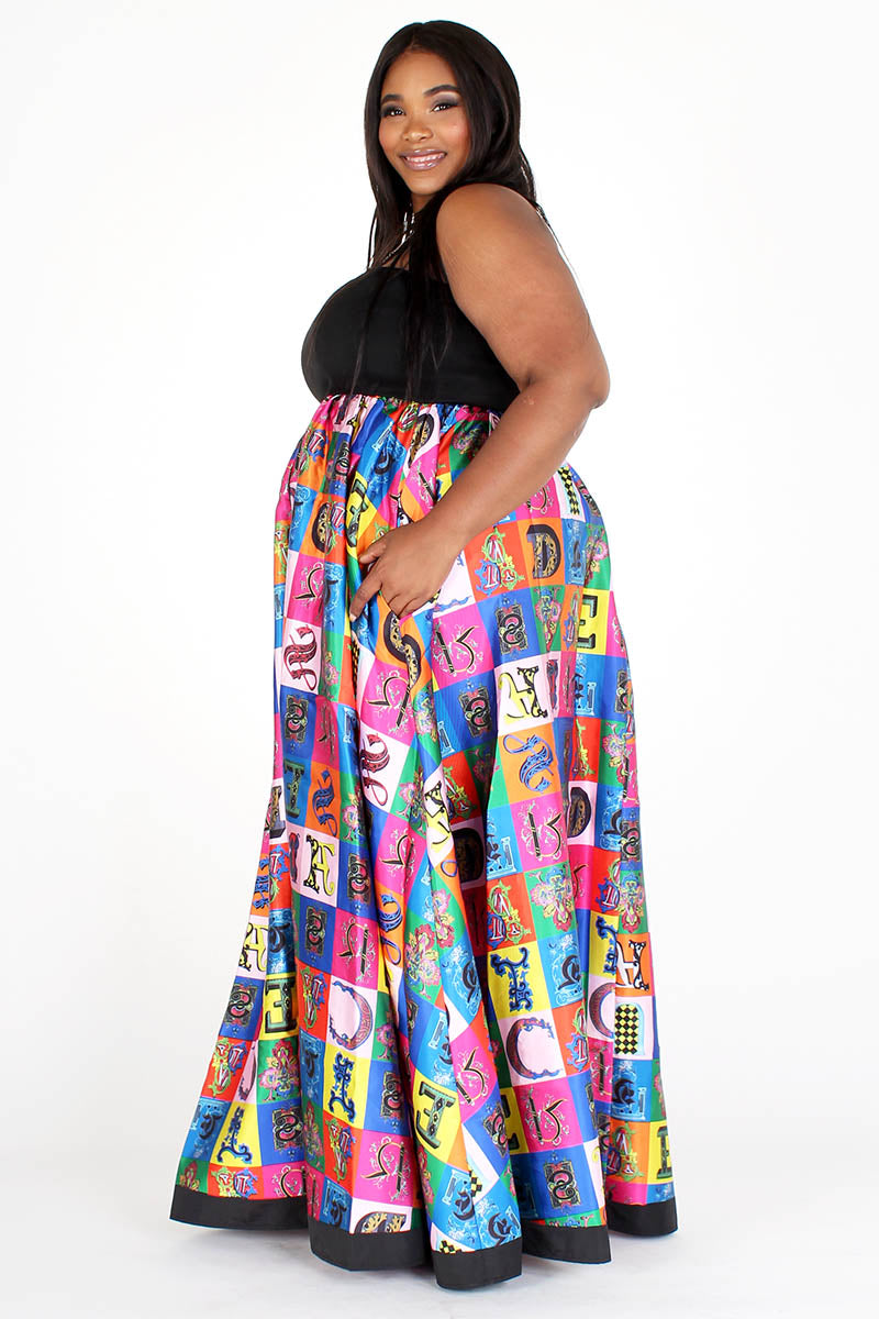 black & multicolor multiprint tube maxi dress