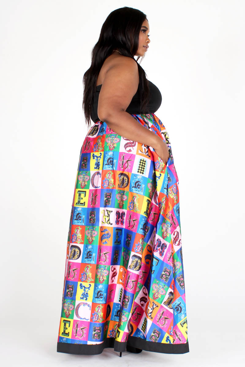 black & multicolor multiprint tube maxi dress