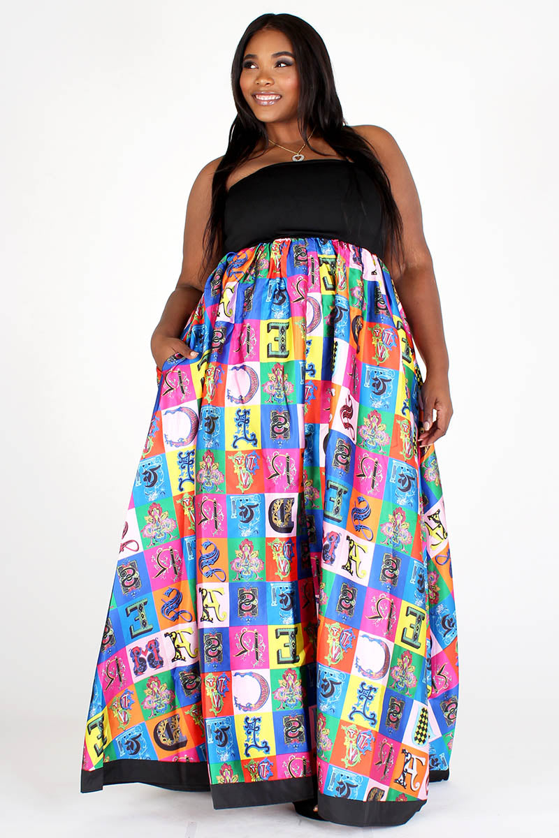black & multicolor multiprint tube maxi dress