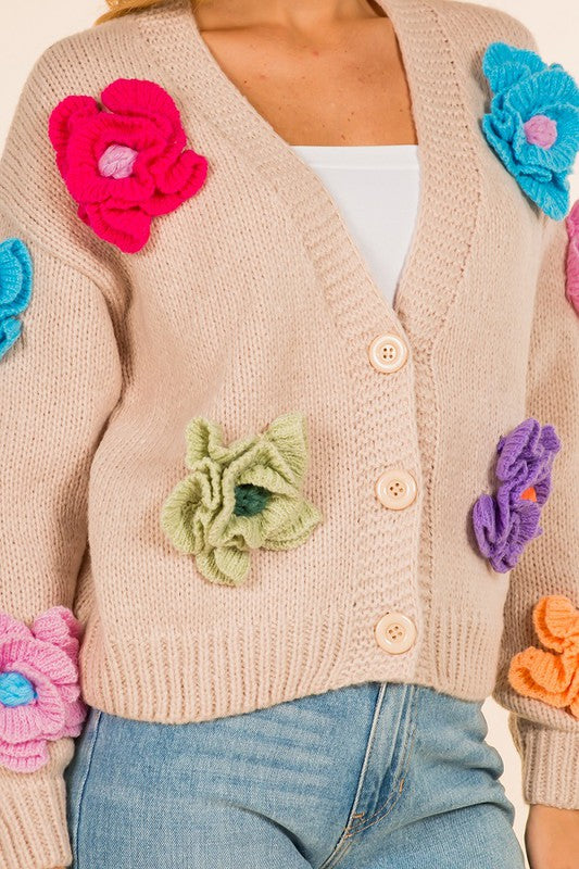 COLORFUL HANDMADE FLOWER V-NECK CARDIGAN