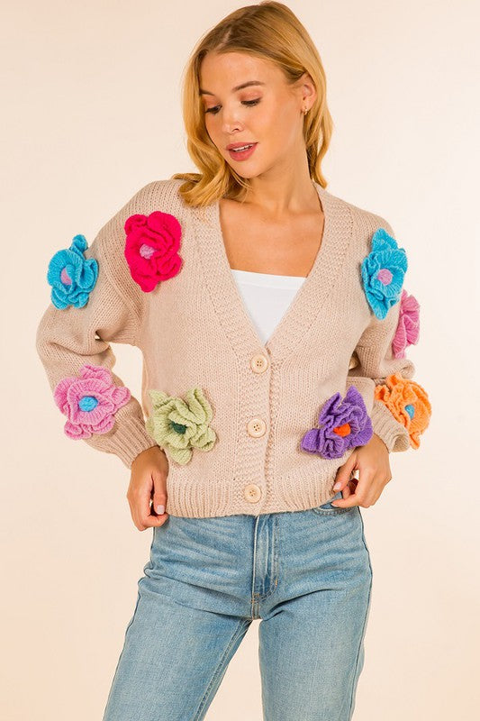 COLORFUL HANDMADE FLOWER V-NECK CARDIGAN