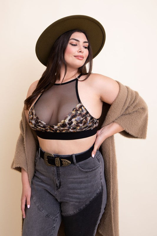 Bralette Plus Size de Malha Estampada com Gola Alta